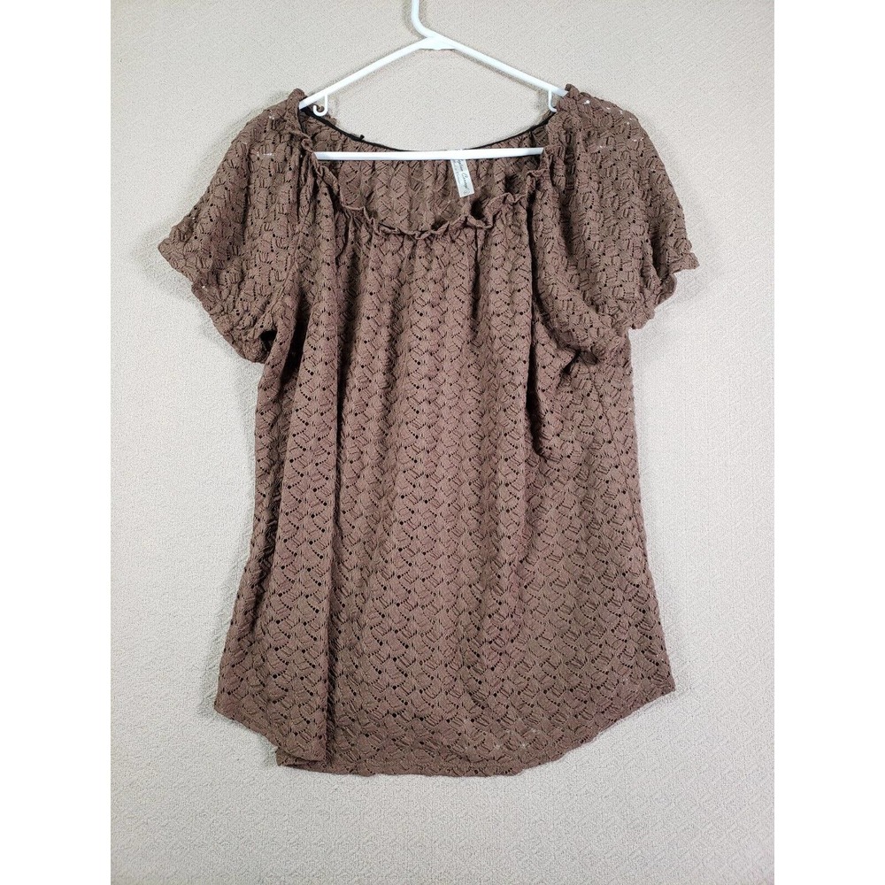 Perceptions Shirt Womens XL Open Knit Round Neck Polyester Cap Sleeve Pullover